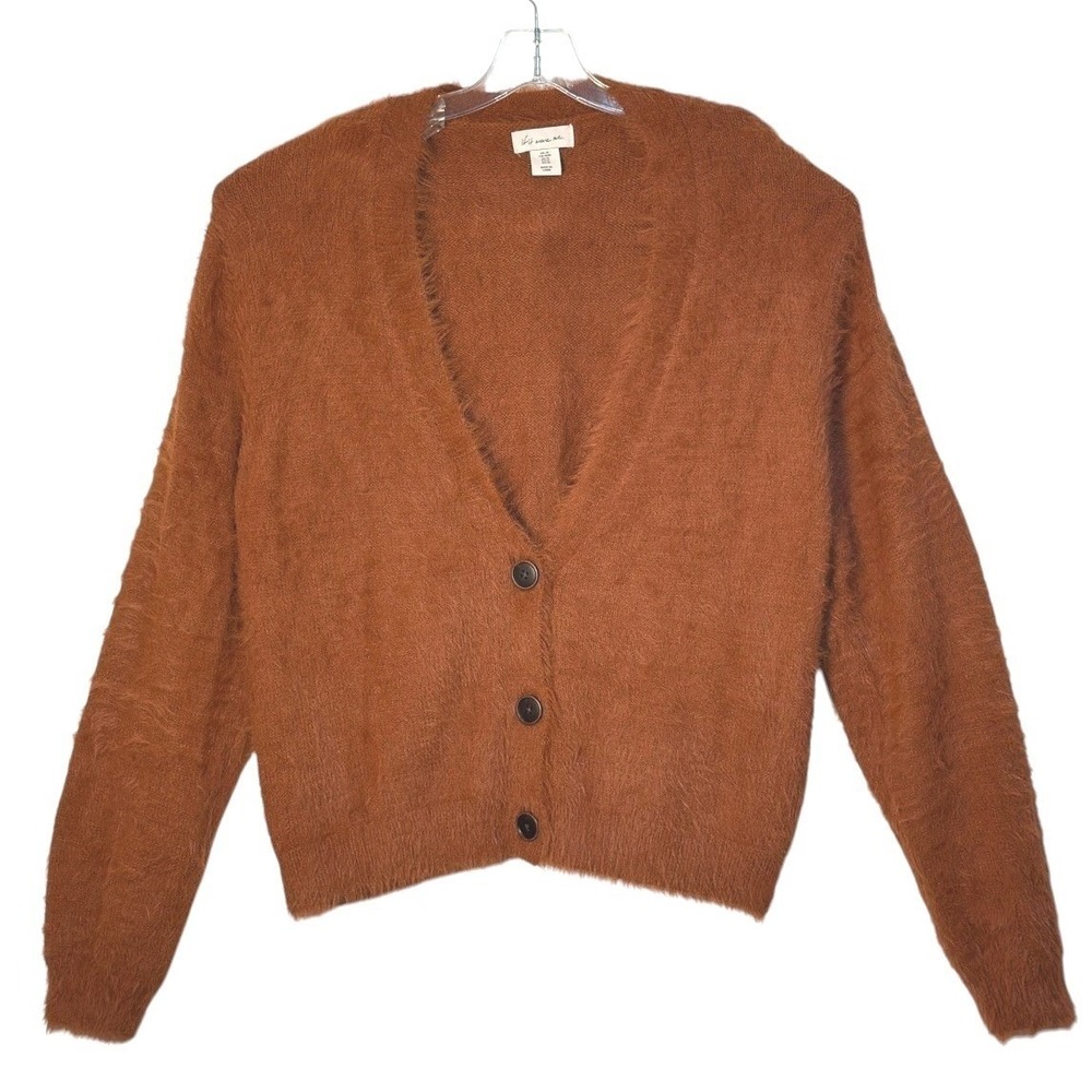 If It Were Me Cardigan Women Rust Orange Fuzzy Eyelash Knit Boho Soft Girl M